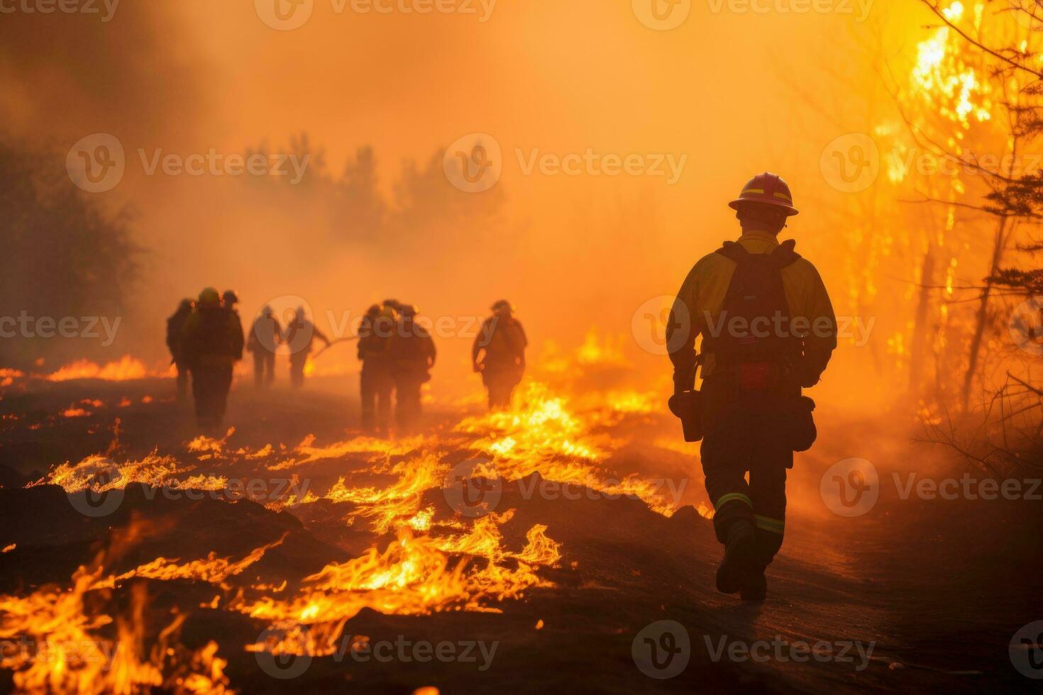 Team of firefighters creating a control line, battling advancing flames. Generative AI photo