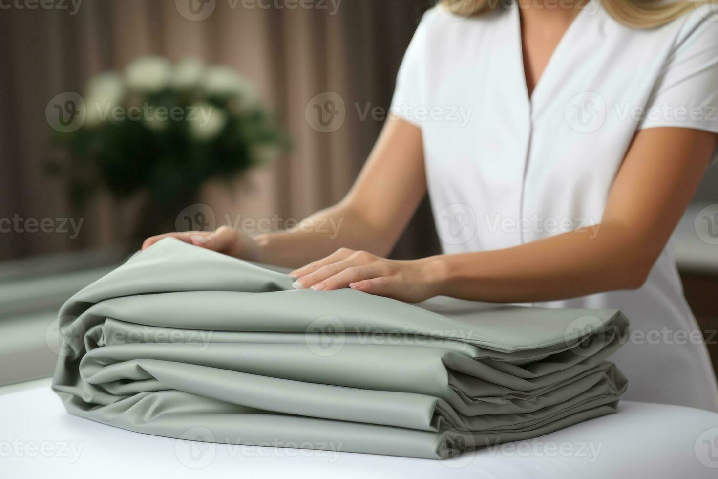 Beautiful woman smelling clean laundry after folding in living room at home Generative AI photo