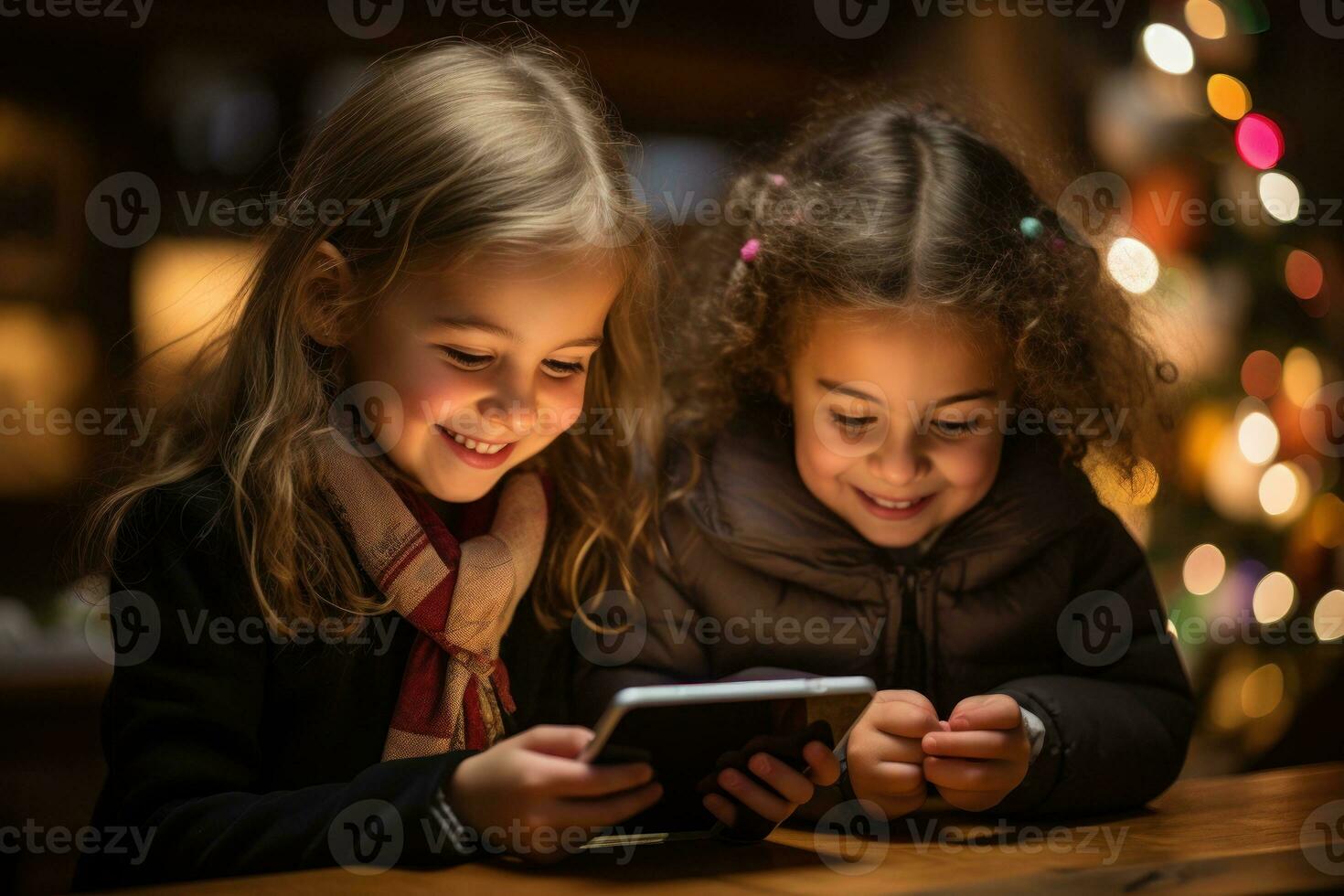 Group of young children holding tablet and hiding faces, gen Alpha. Generative AI photo