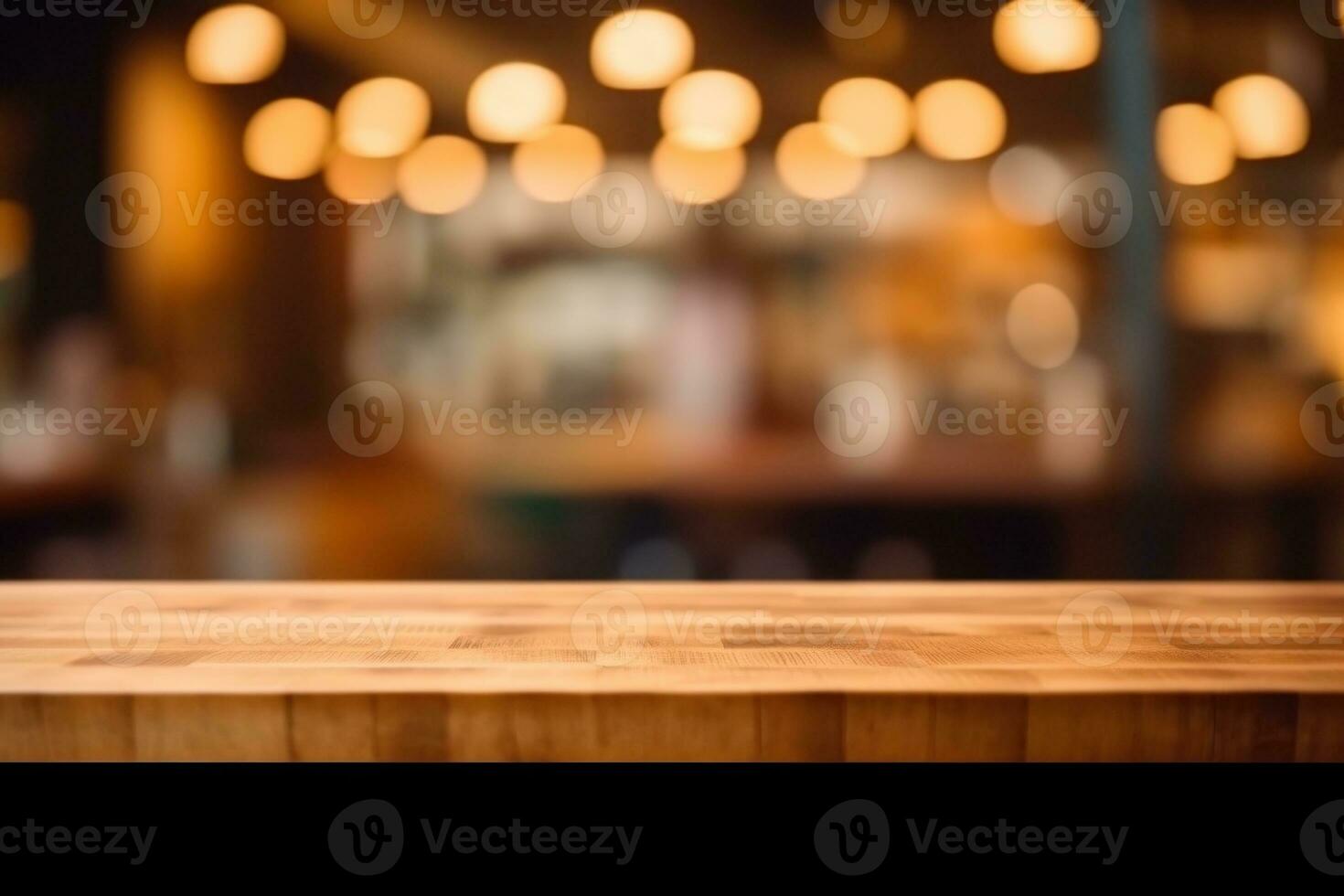 Wooden table top with blur background of coffee cafe. Generative AI photo