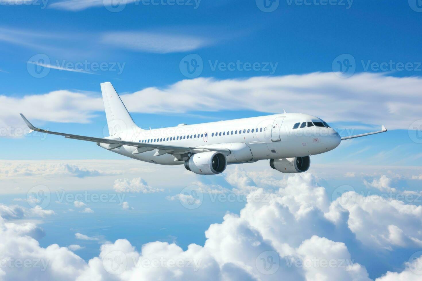 White airplane in the sky, side view. Generative AI photo