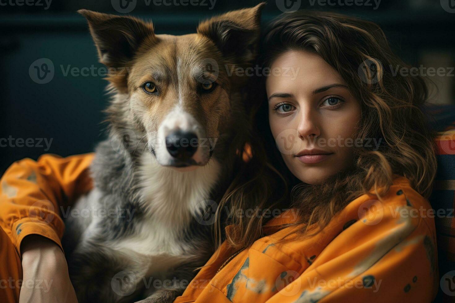 cheerful woman hugging beloved pet dog at home on the couch, best friend, friendship concept, Generative AI photo