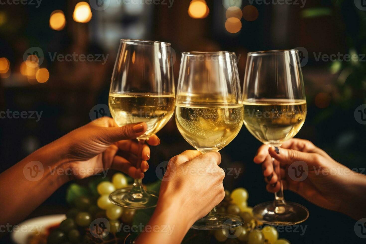 close up hands friends toasting white wine at dinner party in restaurant. Generative AI photo