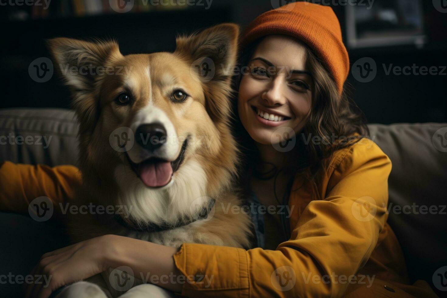 alegre mujer abrazando amado mascota perro a hogar en el sofá, mejor amigo, amistad concepto, generativo ai foto