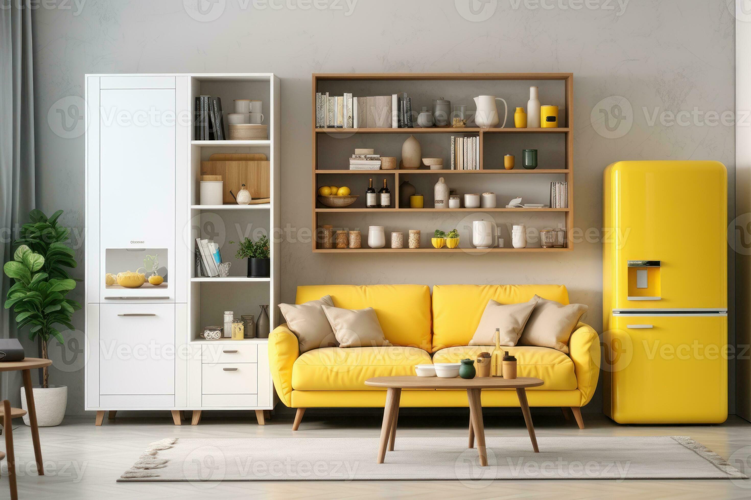 Interior of kitchen with yellow fridge, counters, sofa and shelving