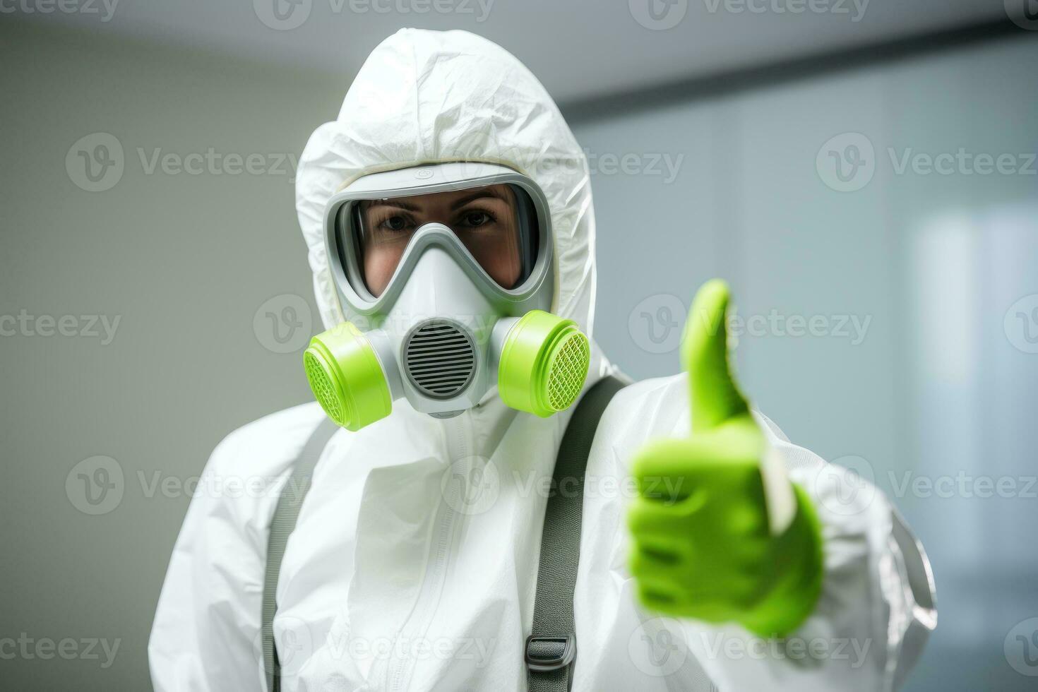 Portrait style photo of a person wearing hazmat suit wearing chemical gloves. Generative AI