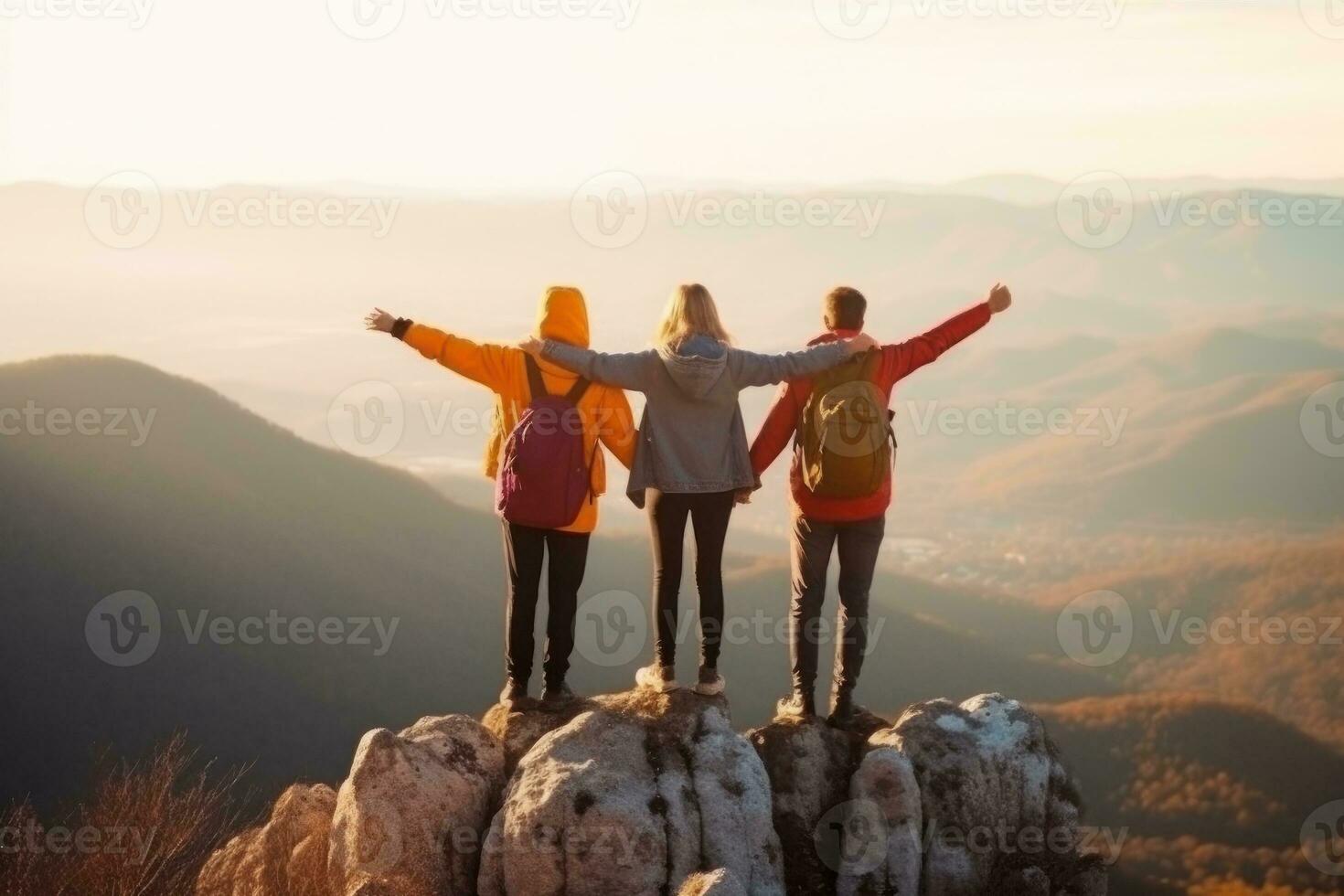 Teamwork concept with friends holding hands close to mountain top. Generative AI photo