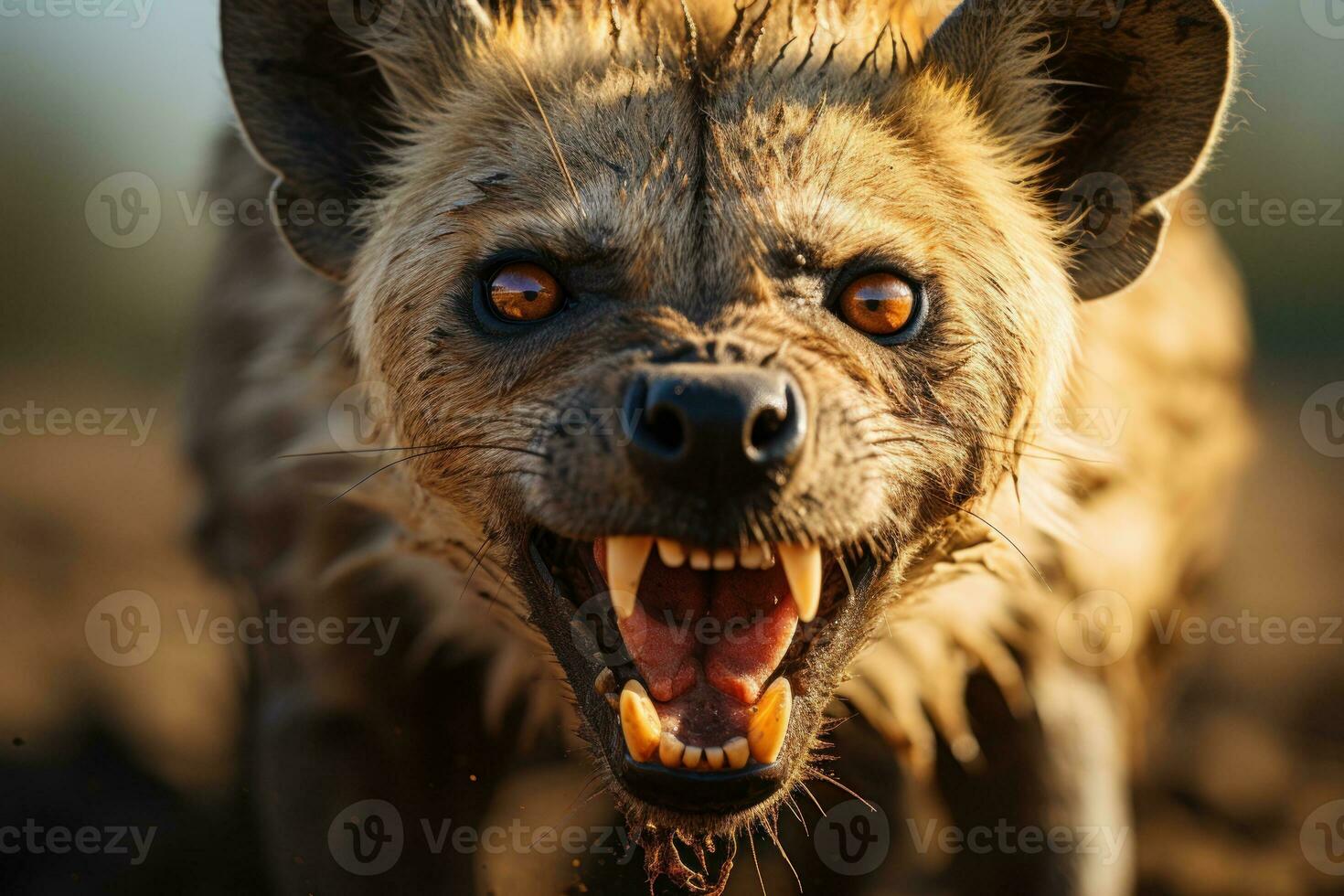 A close-up shot of Hyena striking face, its focused eyes, documentary photo. Generative AI photo