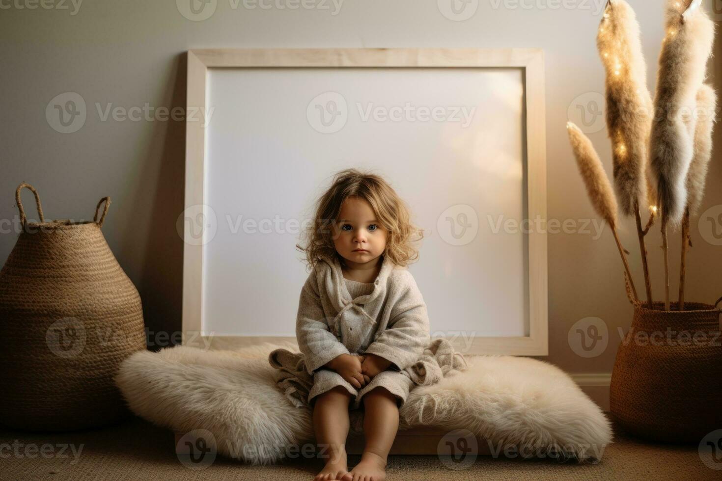 Style realistic photo of a baby sitting next to a plain white photo frame. Generative AI