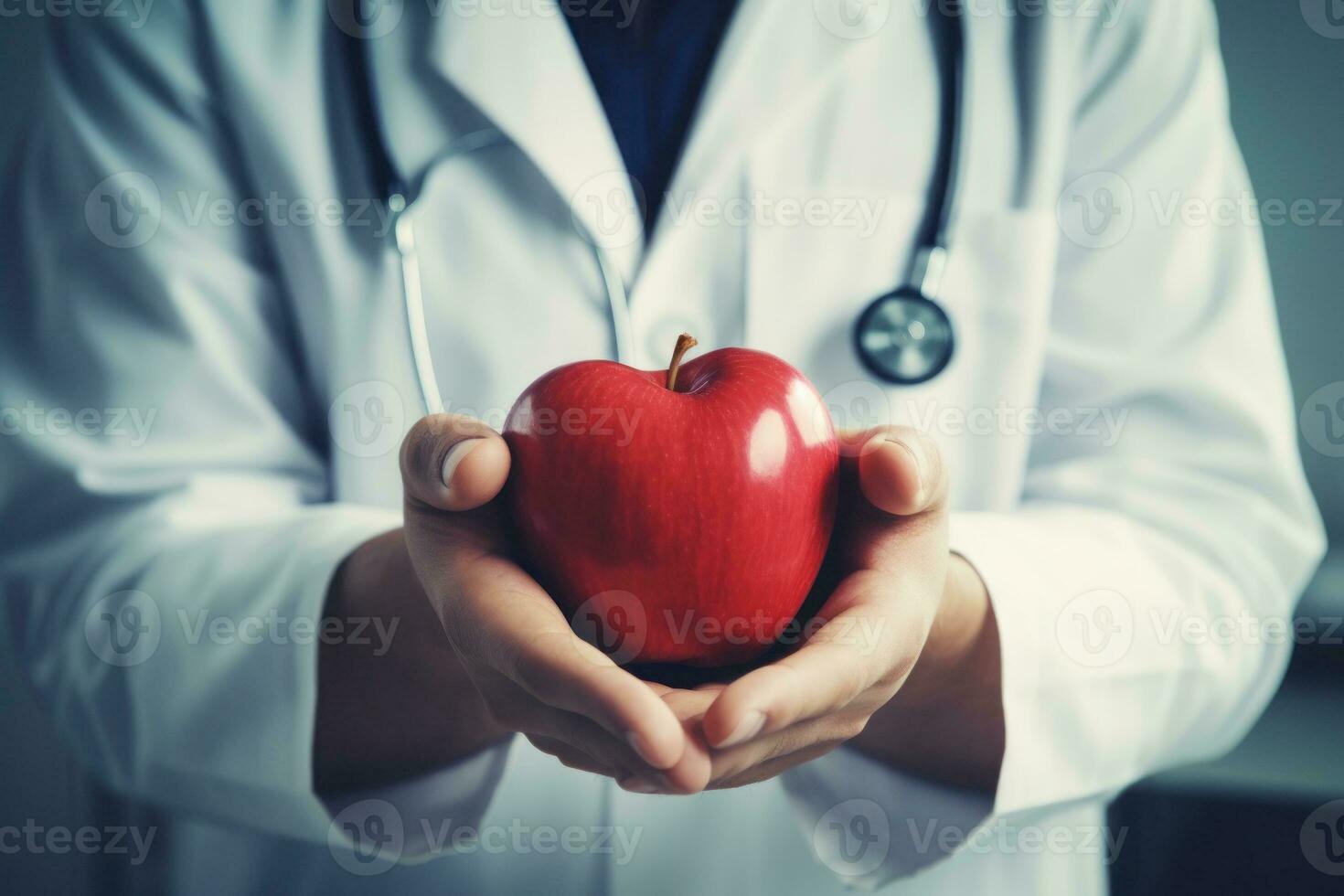 Doctor holding red heart in hands. Generative AI photo