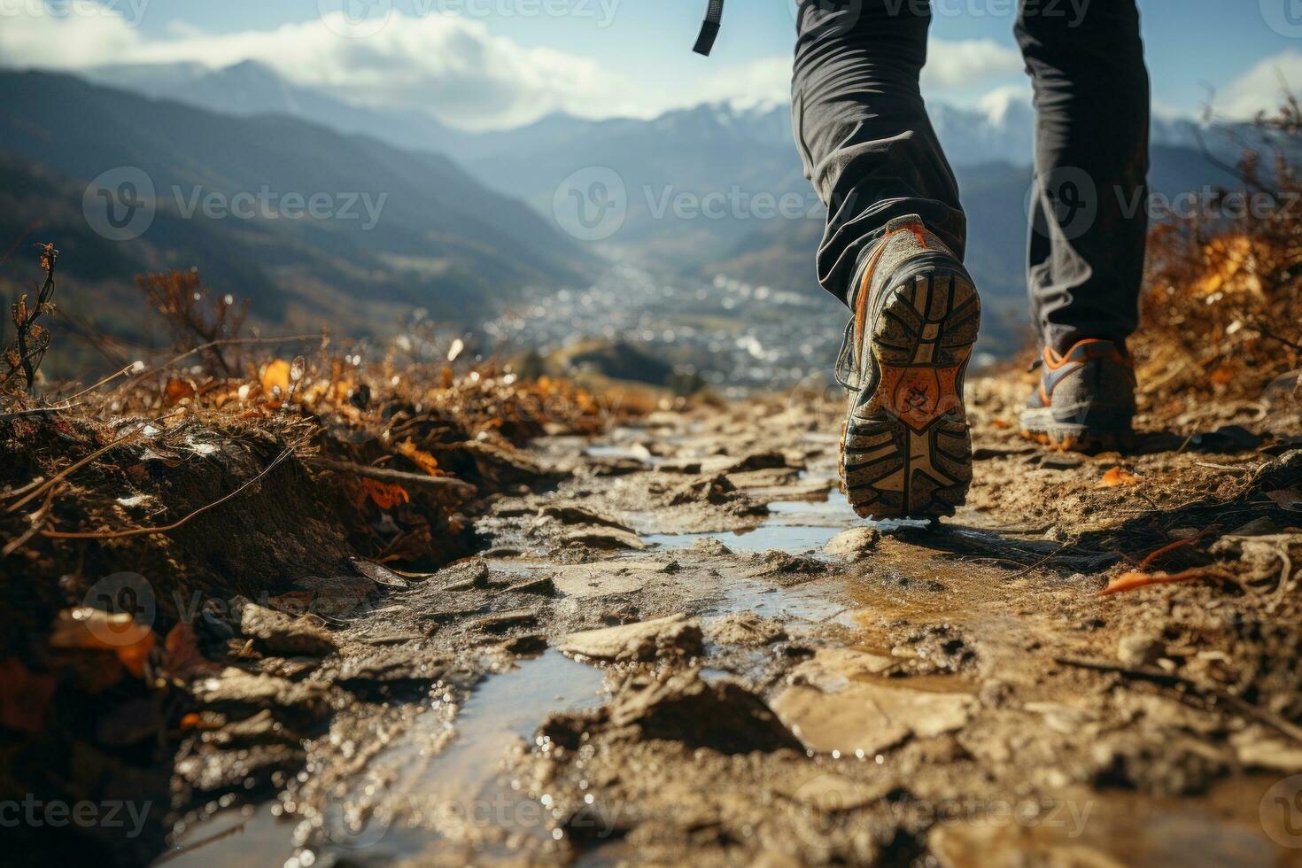 Close up of the activity hiking of a leg walking on high mountain. Generative AI photo