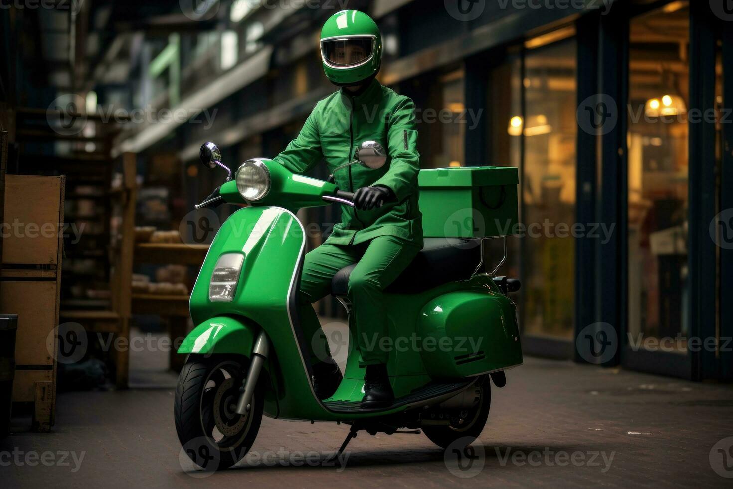 Delivery person driving scooter in city. Generative AI photo