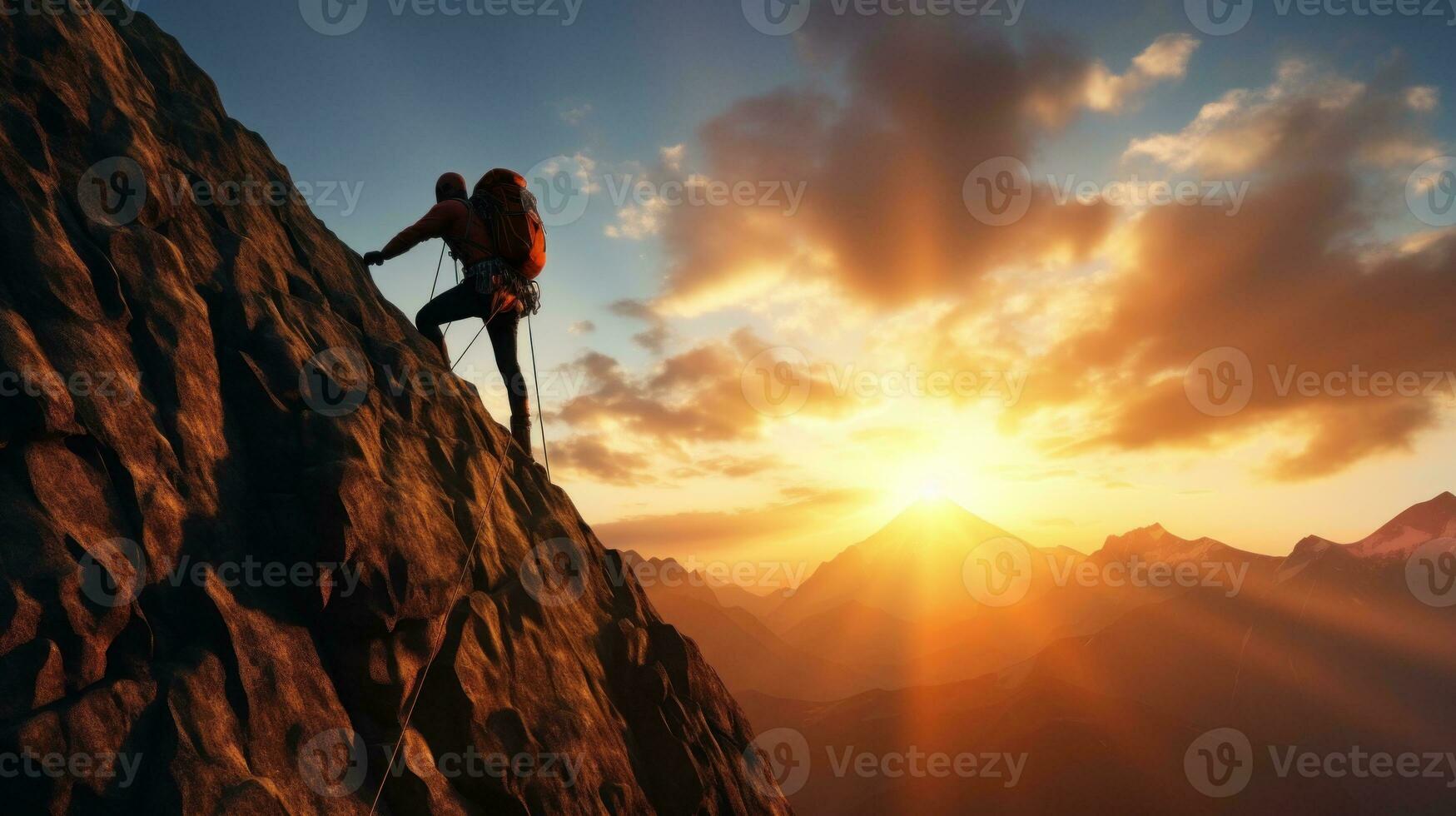 negro silueta de un trepador en un acantilado rock con montañas paisaje. generativo ai foto