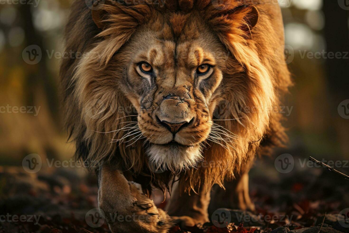 A close-up shot of a Lion striking face, its focused eyes, documentary photo. Generative AI photo