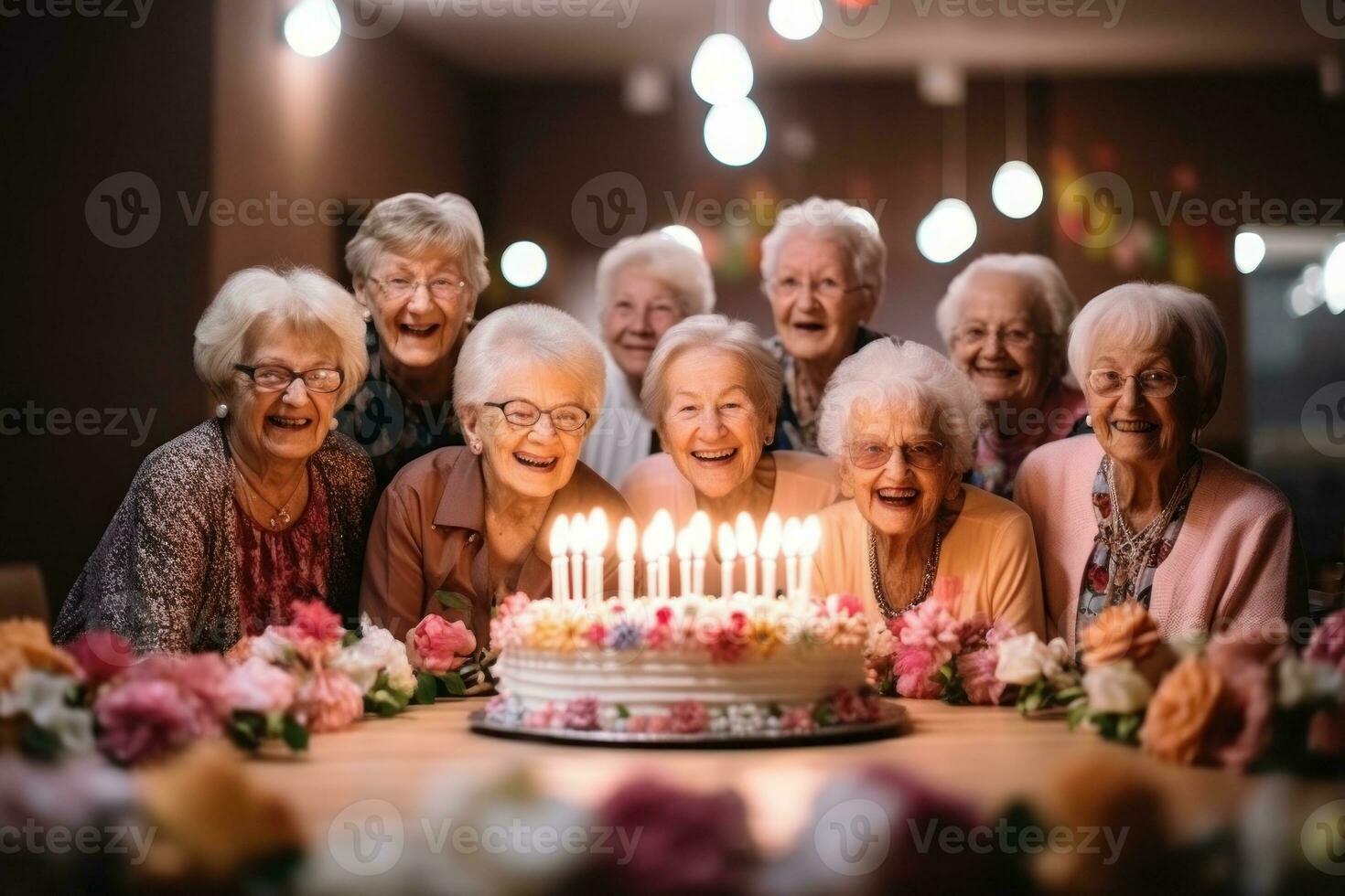 Senior women and friends candles on birthday cake for a celebration. Generative AI photo