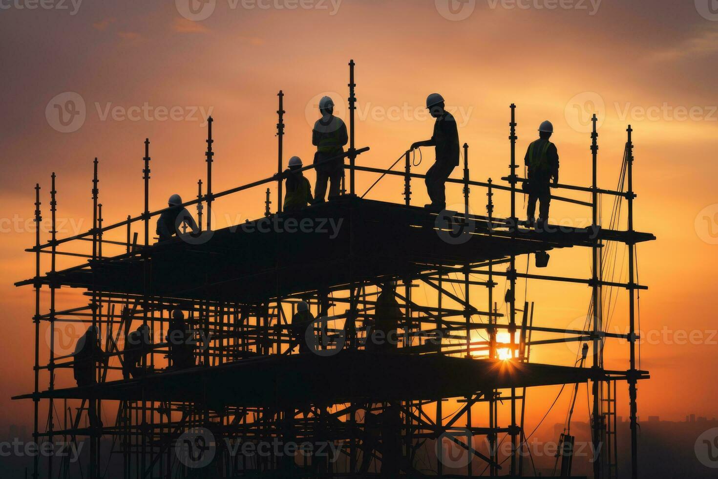 Silhouette construction worker on scaffolding building site. Generative AI photo