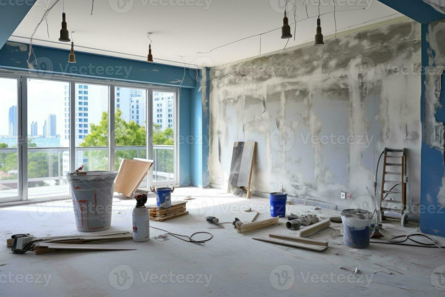 Renovation and modernization with flattened drywall walls in a condo room. Generative AI photo