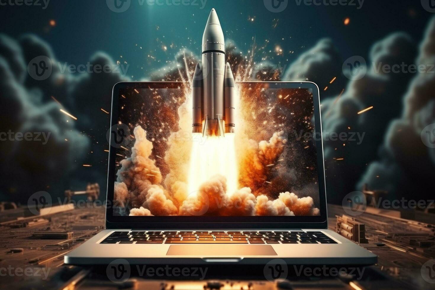 AI Generated Launching Space Rocket From Laptop Screen. Generative AI photo