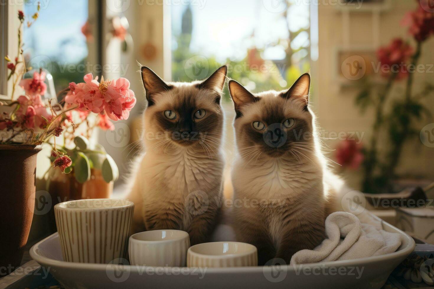 Siamese cats, bathroom surroundings. Generative AI photo