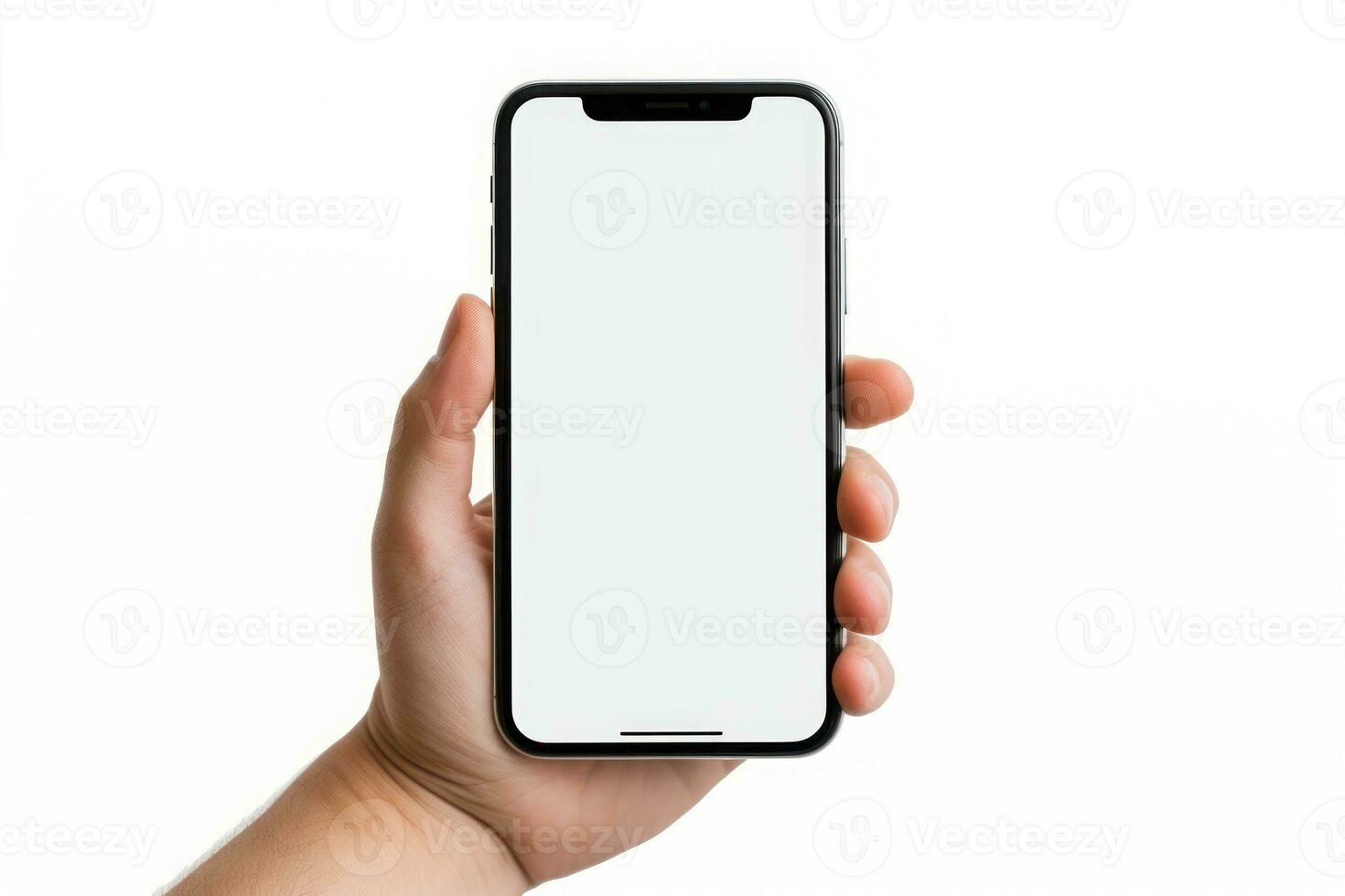 Realistic hand holding phone white background. Generative AI photo