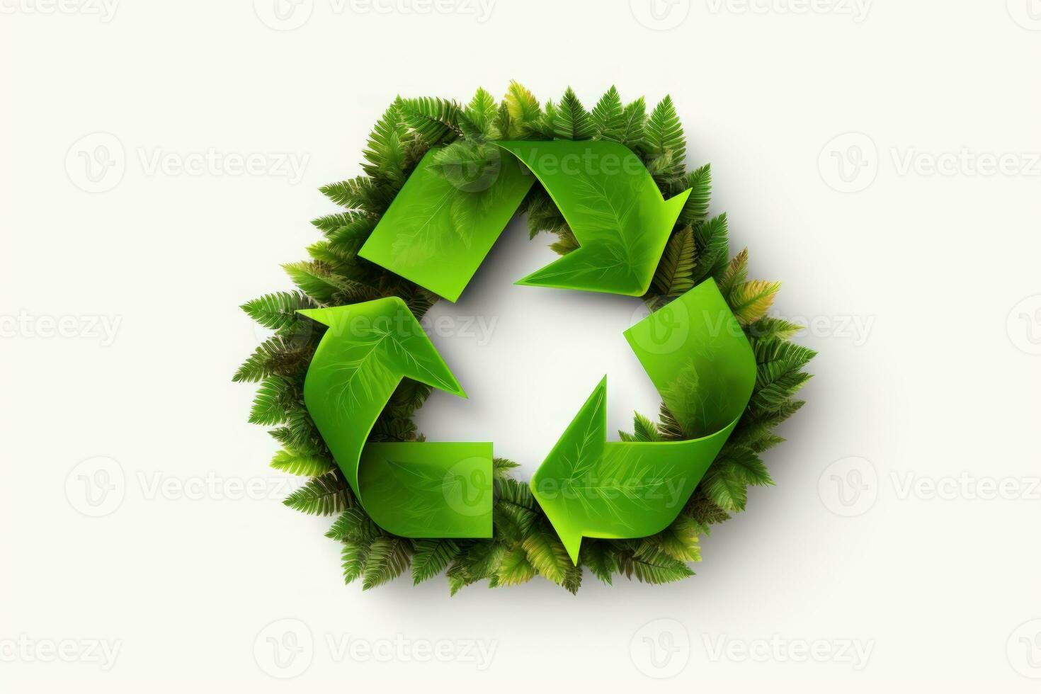 Recycling symbol made from nature, green leaves and plants. Generative AI photo