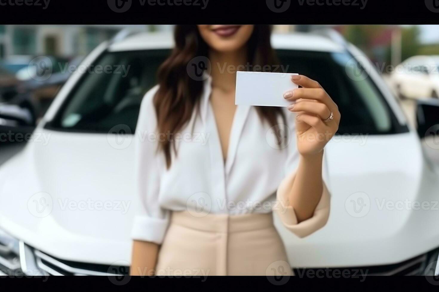 Woman shows a blank white business card. Generative AI photo