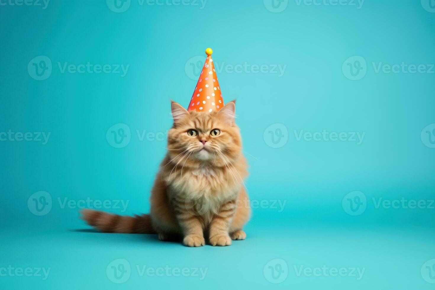 Happy cat celebrating birthday with party hat on, isolated on blue background. Generative AI photo