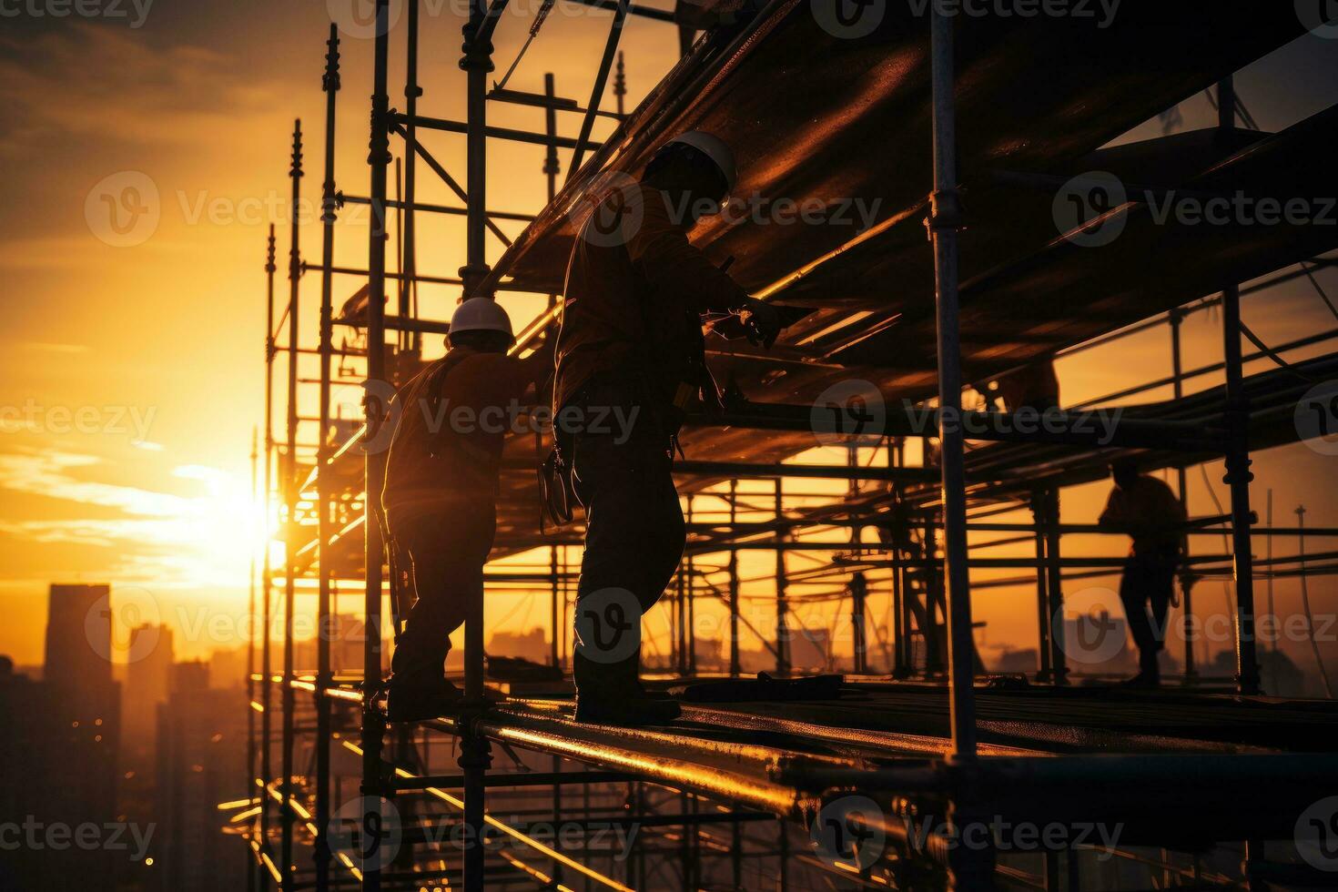 Silhouette construction worker on scaffolding building site. Generative AI photo