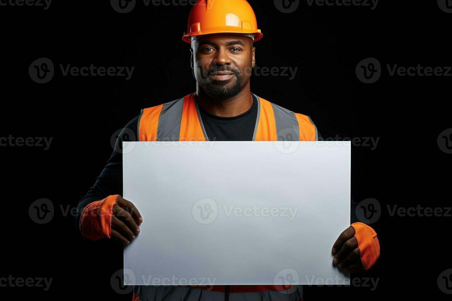 Construction worker holding a separate blank white panel isolated on black background. Generative AI photo