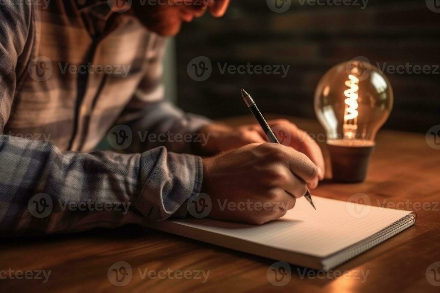 New idea concept with man writing down on paper his new idea. Generative AI photo