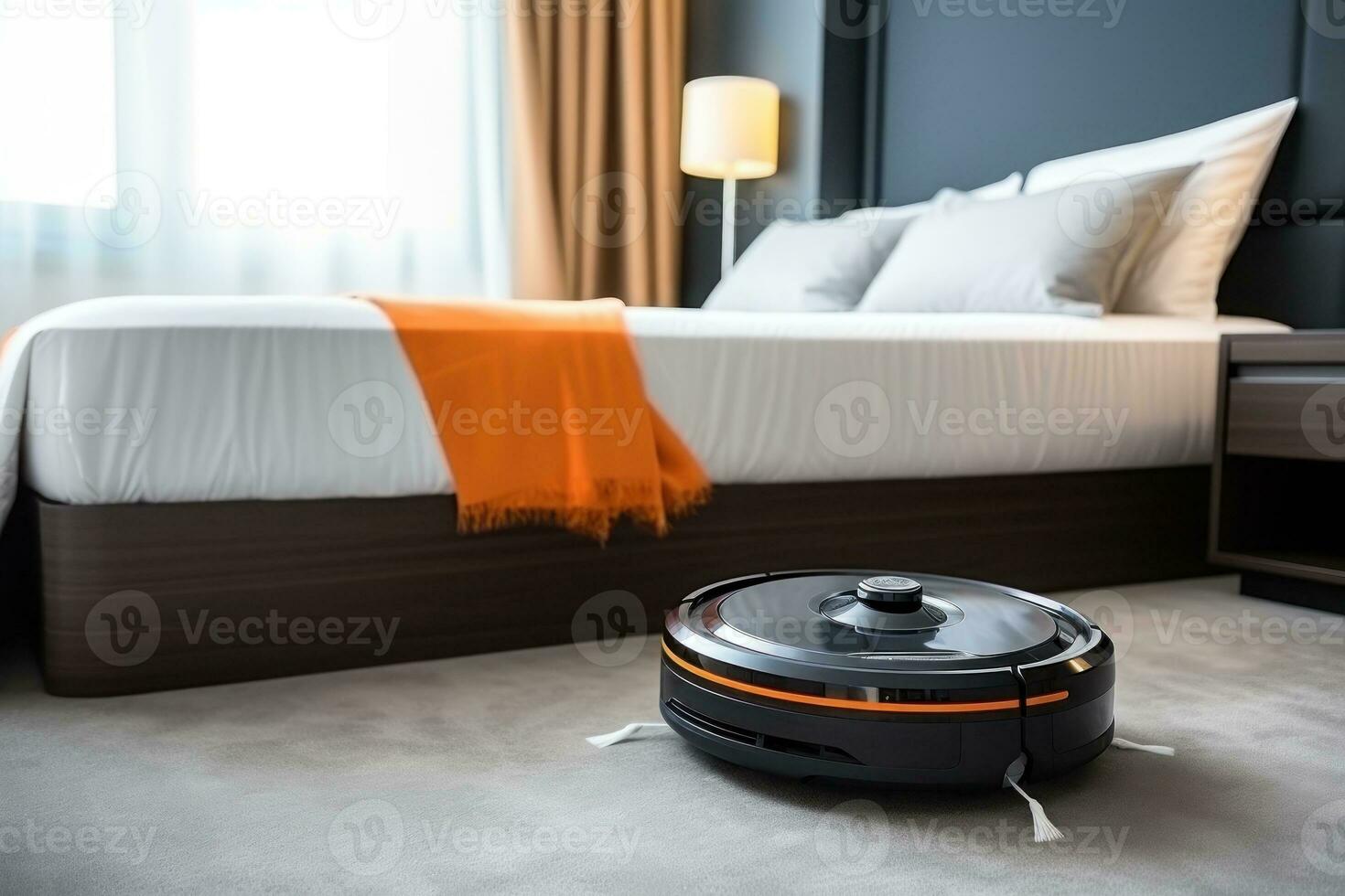 A robot vacuum cleaner is cleaning the bed room floor. Generative AI photo