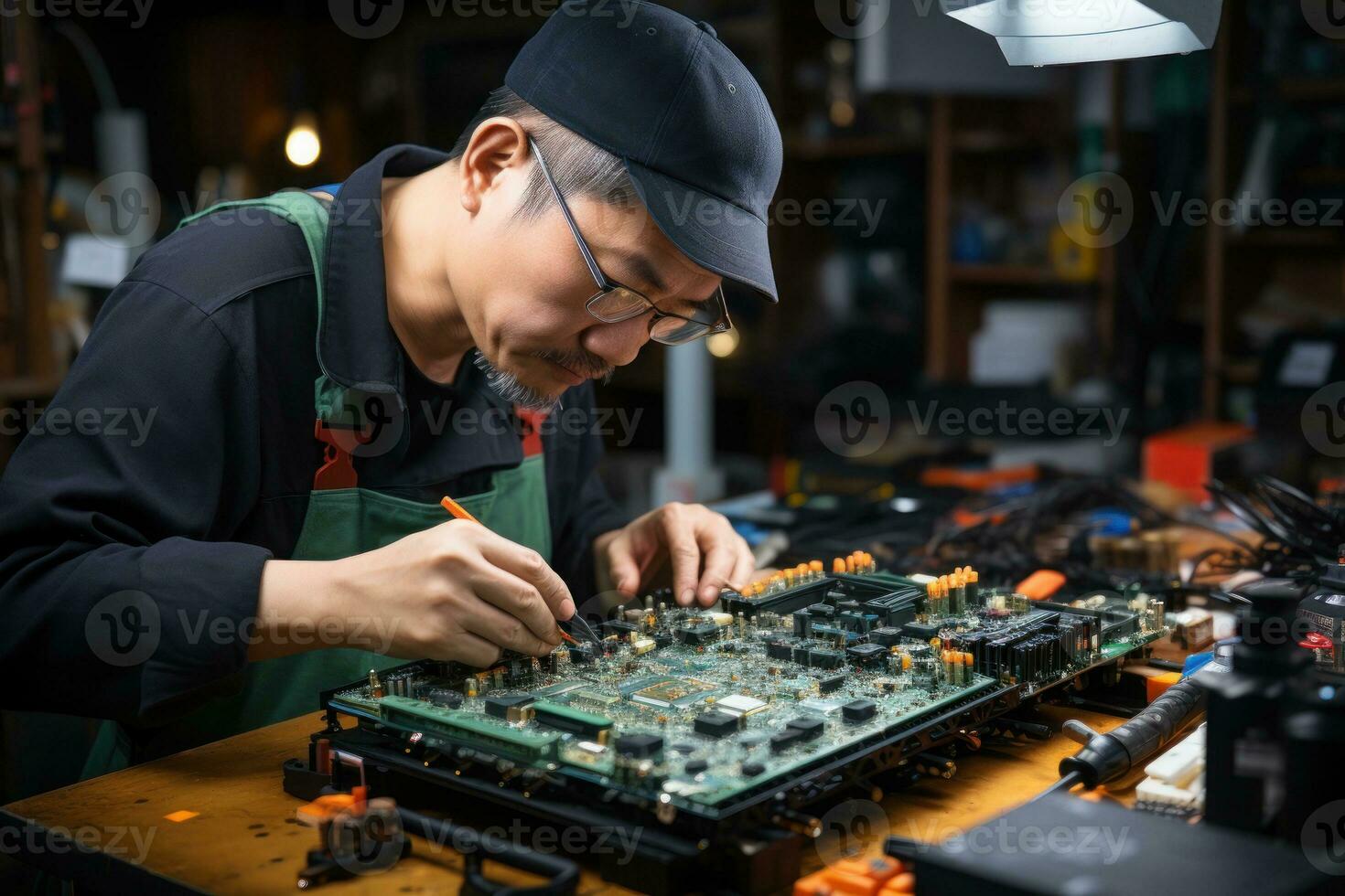 Engineer hand holds soldering iron and tinlead to solder electronic board. Generative AI photo