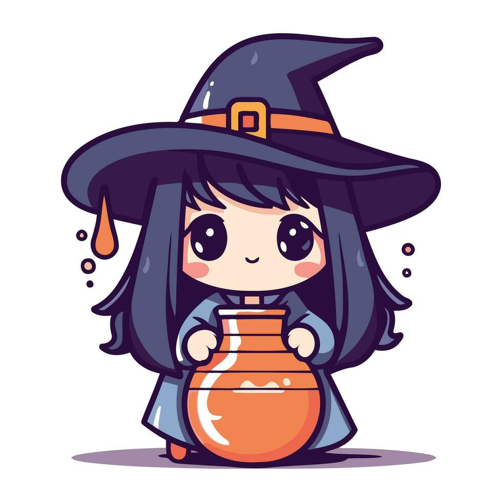 Cute little witch with a pot of potion. Vector illustration.