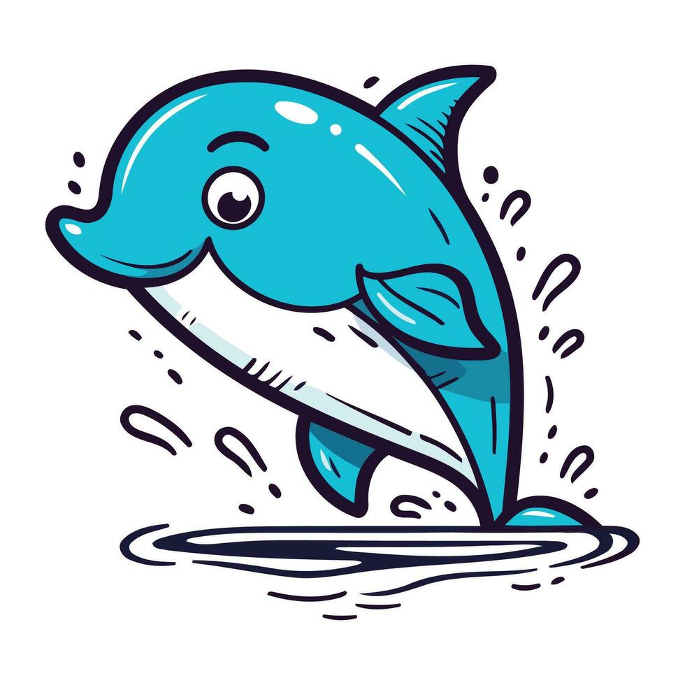 Cute cartoon dolphin jumping out of the water. Vector illustration.