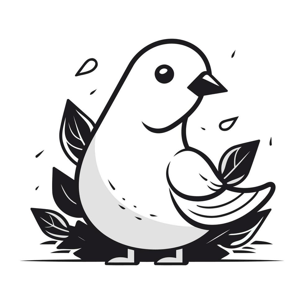 Vector illustration of a cute little bird with leaves on a white background.