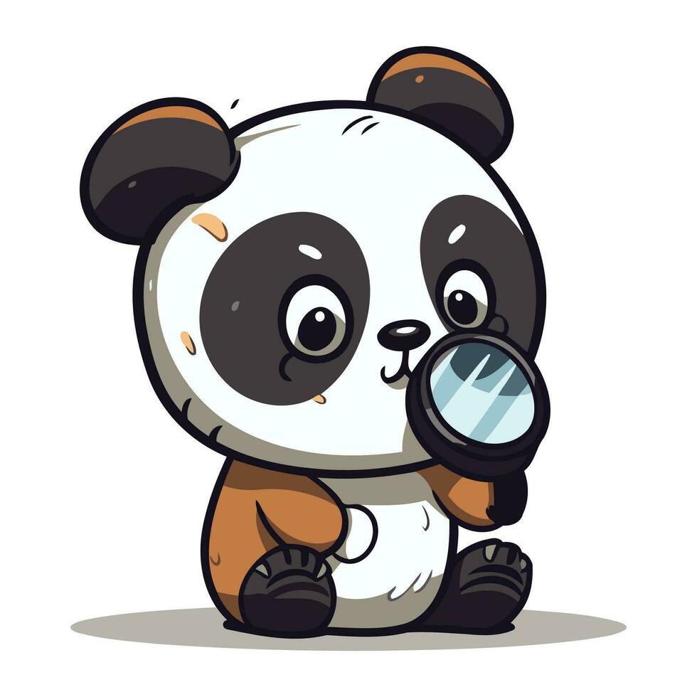 Cute panda bear with magnifying glass. Vector illustration.