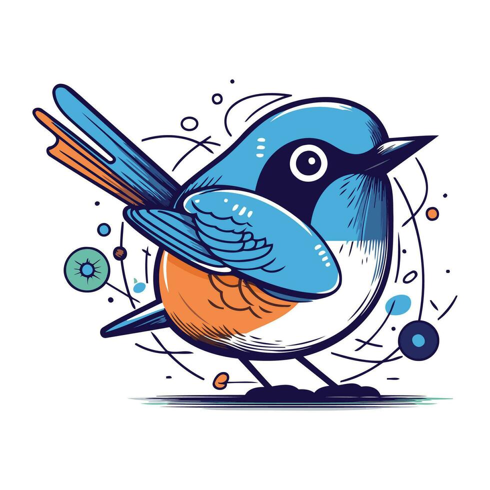 Vector illustration of a cute cartoon blue bird on a white background.