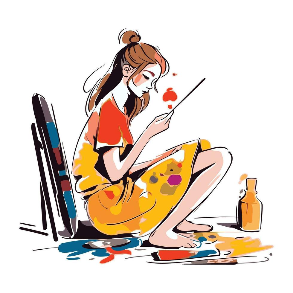 Beautiful young woman paints a picture with a brush. Vector illustration