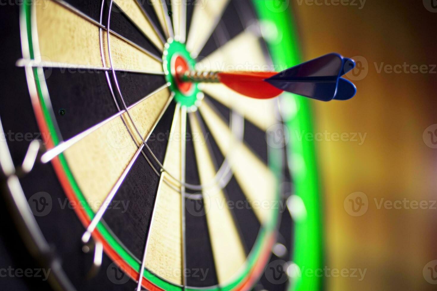 Dart in the bull's eye close up, success striking target aim goal achievement concept. Generative AI photo