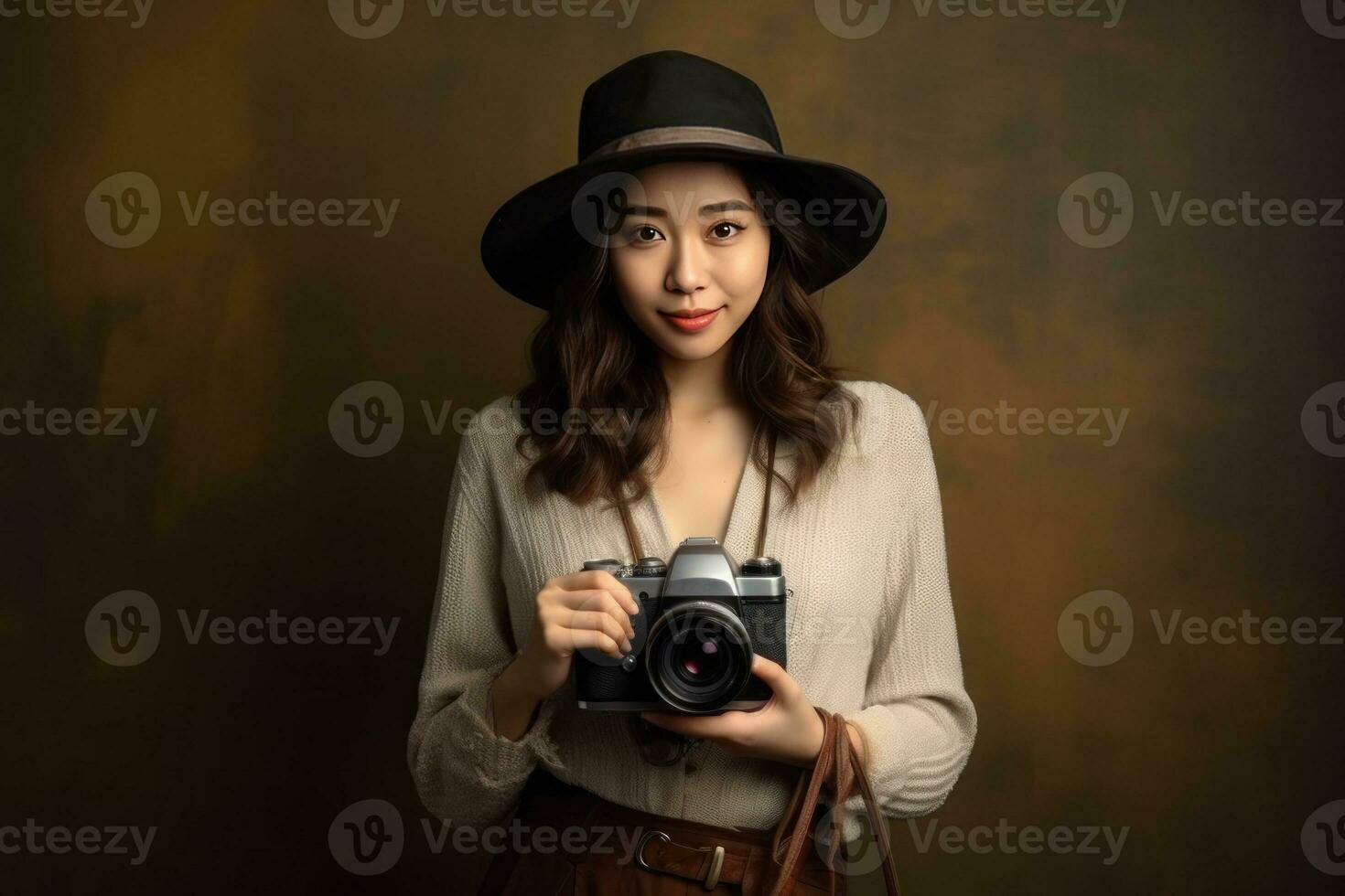 Portrait a woman in a hat holding a camera. Generative AI photo