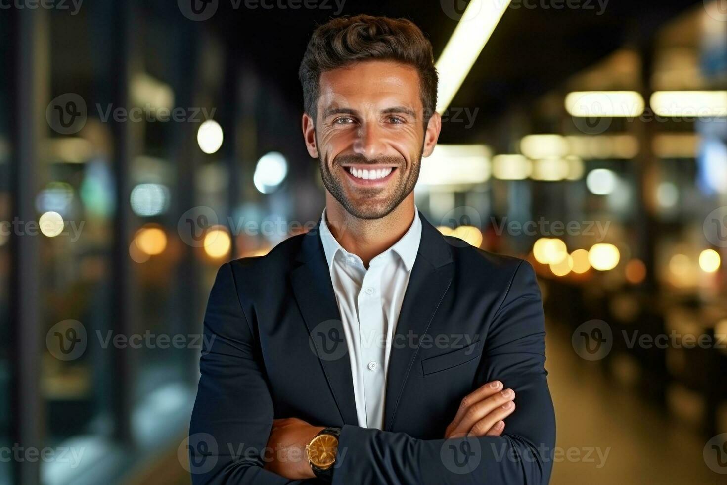 Businessman wearing suit and smiling for the camera in a portrait. Generative AI photo