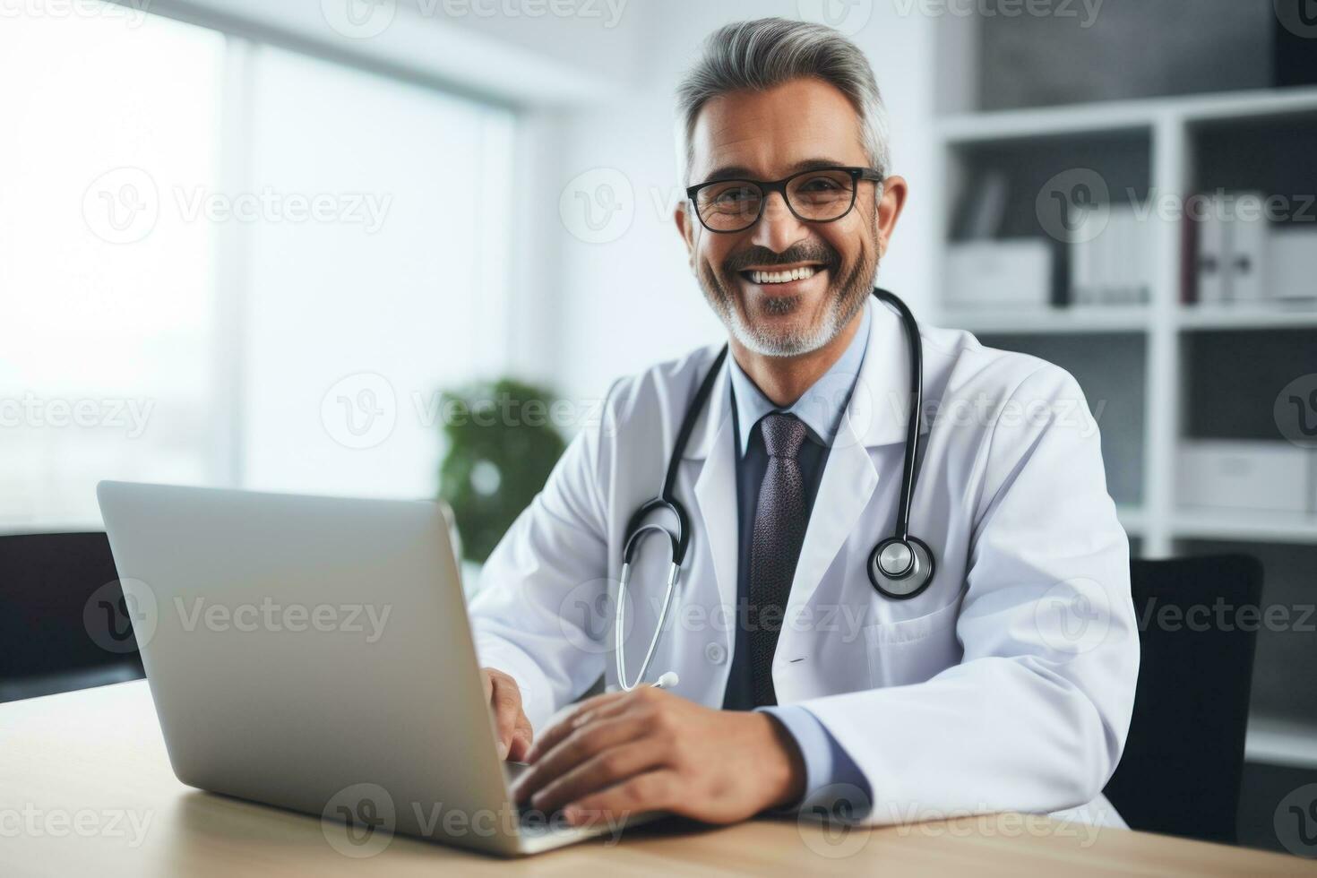 un medio años médico escritura en su computadora portátil, mirando a su portátil, fondo difuminar. generativo ai foto