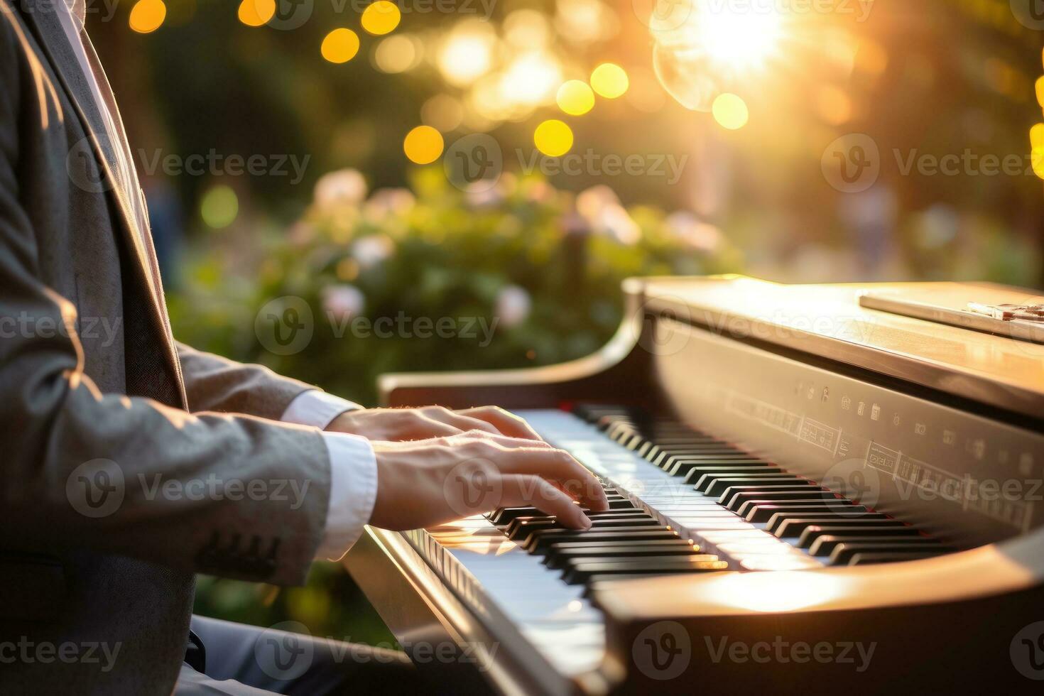 Photo of male hands of a person playing the piano bokeh lights in the background. Generative AI