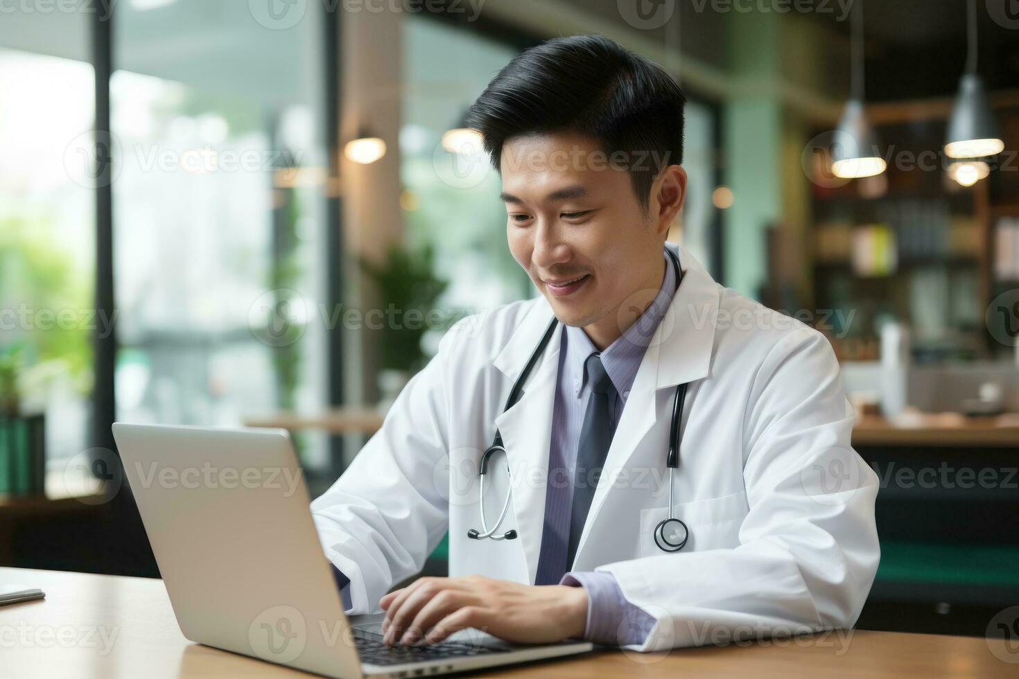 A middle age doctor writing on his laptop, looking at his laptop,background blur. Generative AI photo