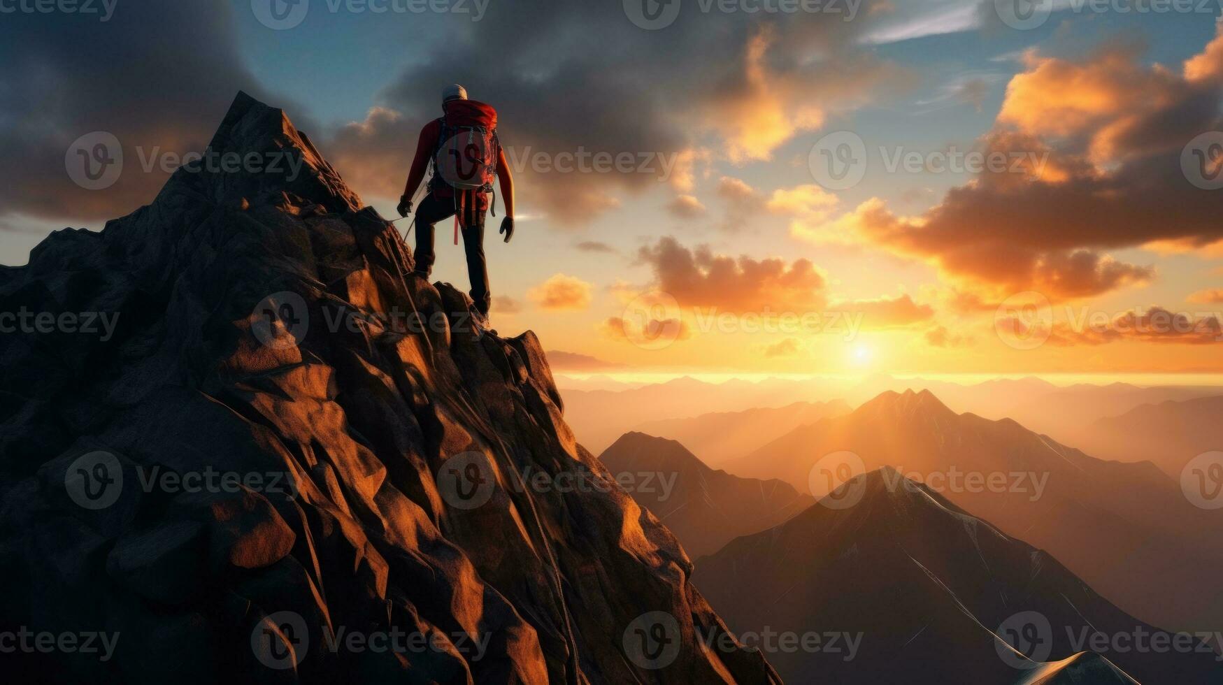 Black silhouette of a climber on a cliff rock with mountains landscape. Generative AI photo