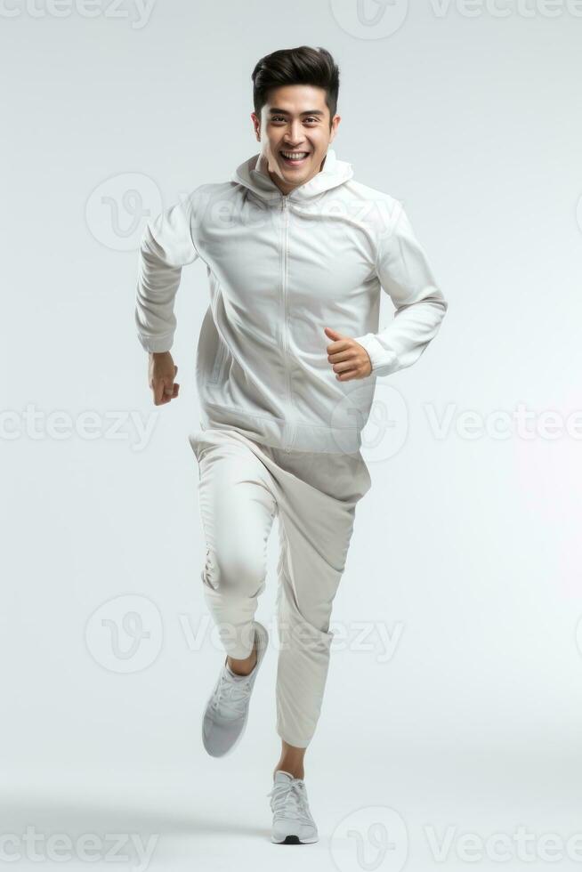 Asia male jogging Happy and energetic generation in white background. Generative AI photo