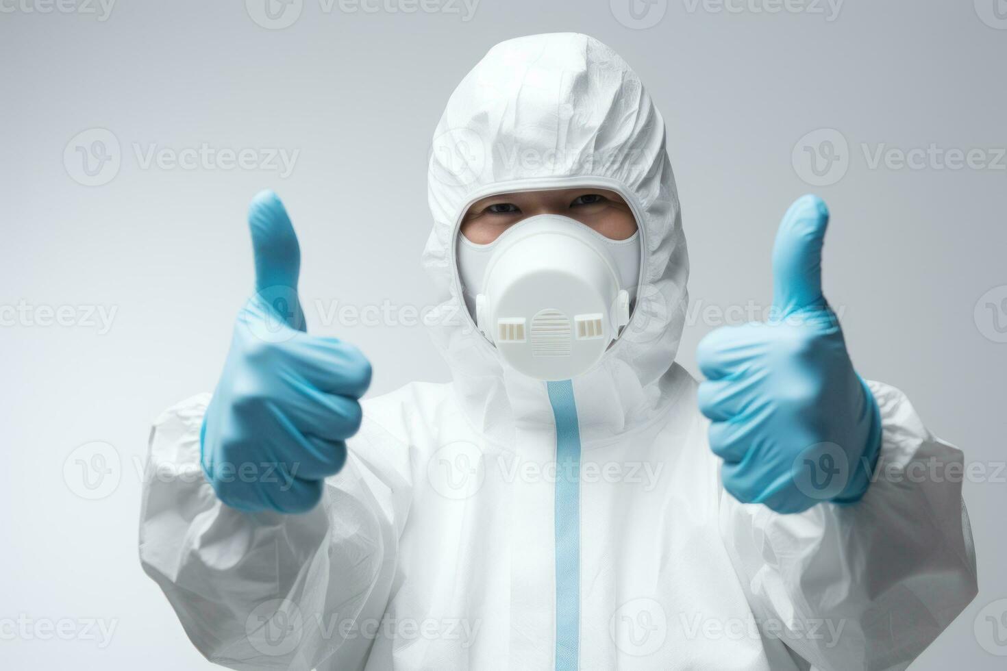 Portrait style photo of a person wearing hazmat suit wearing chemical gloves. Generative AI