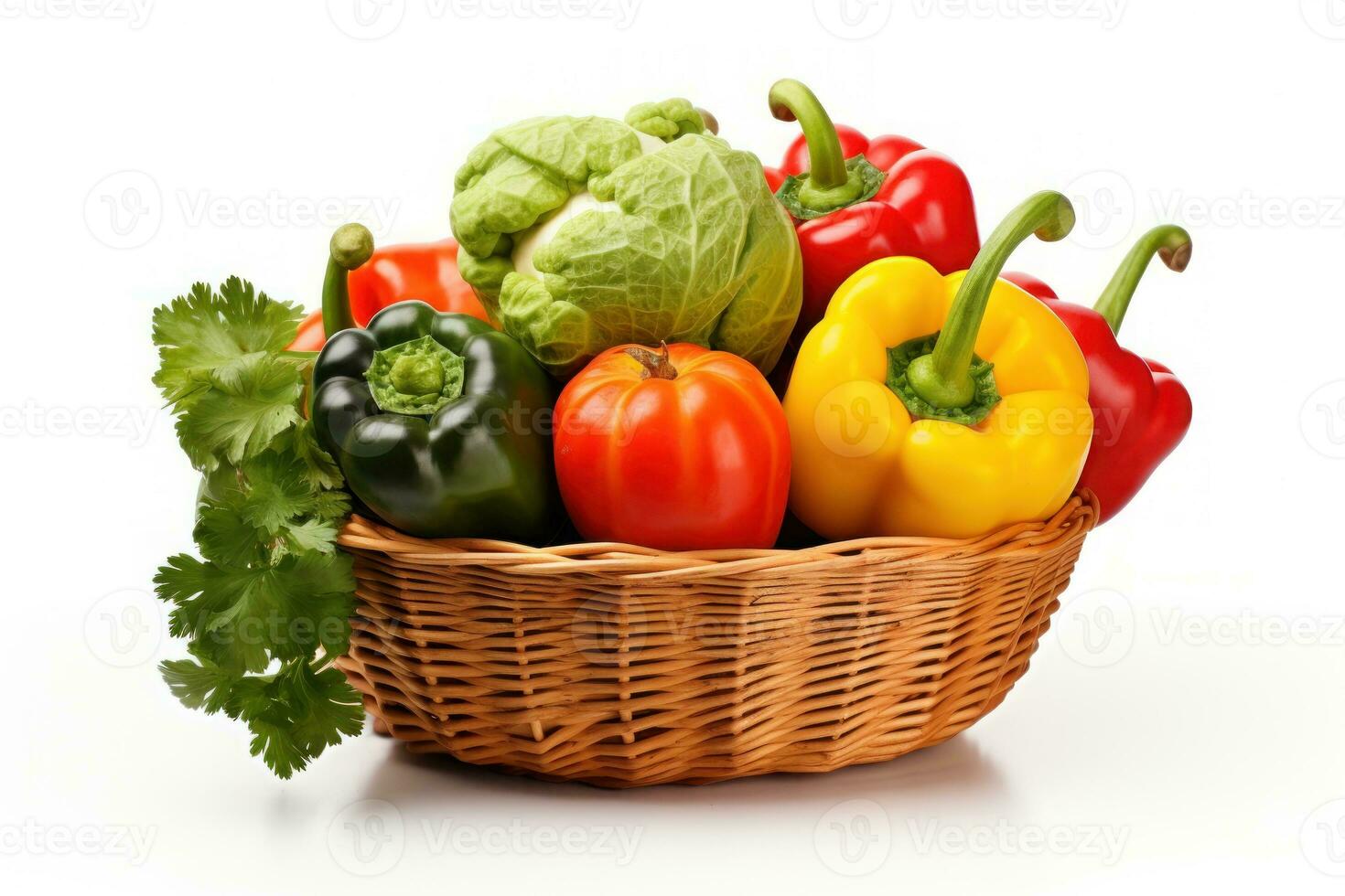 Basket of vegetables in hand of mature man, isolated on white background, studio lighting. Generative AI photo