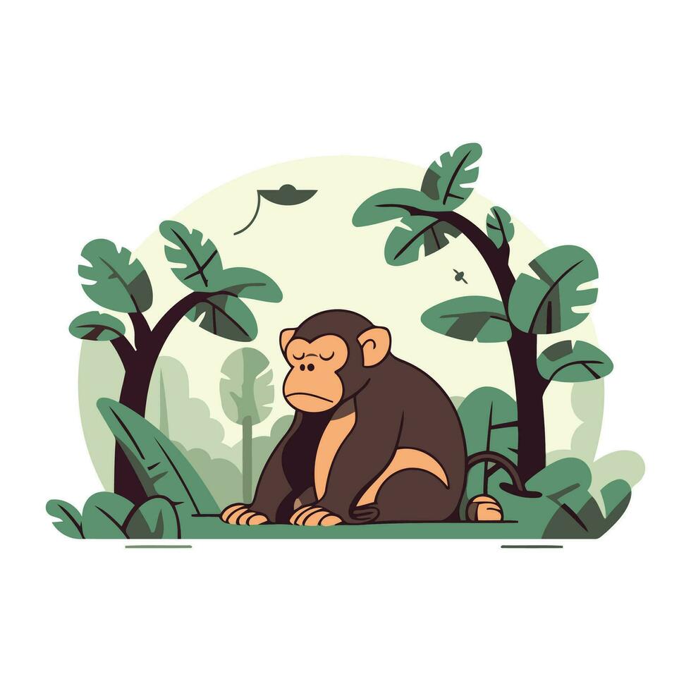 Monkey sitting on the ground in the jungle. Vector illustration.