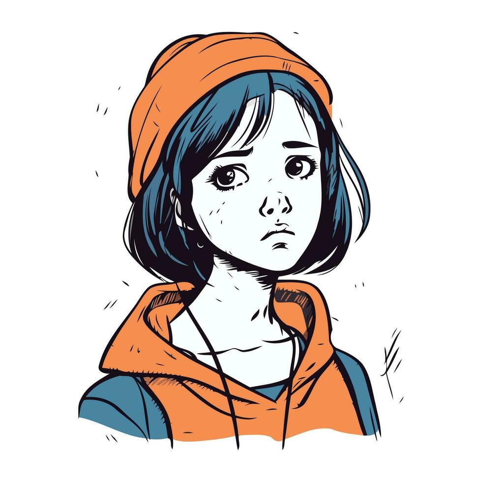 retrato de un triste niña en un naranja gorra. vector ilustración.